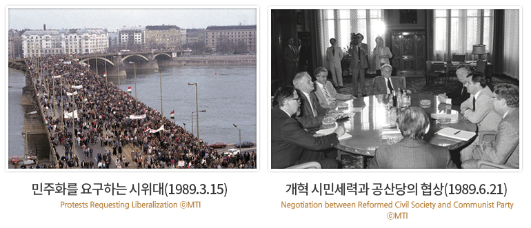 민주화를 요구하는 시위대(1989.3.15) | Protests Requesting Liberalization ⓒMTI, 개혁 시민세력과 공산당의 협상(1989.6.21) | Negotiation between Reformed Civil Society and Communist Party ⓒMTI